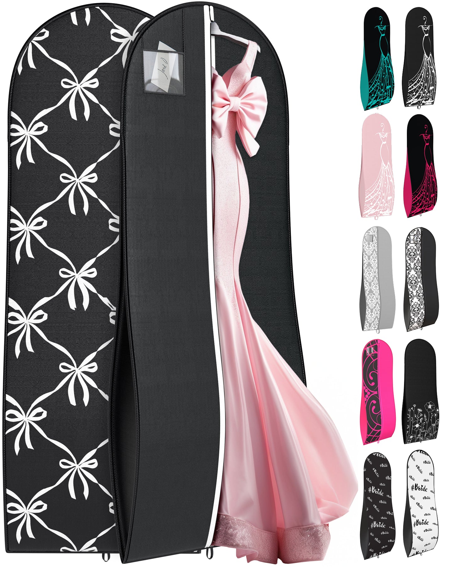 Long Garment Bags for Wedding Gowns with ID Window - 72" x 24" x 10" Tapered Gusset (Solid Colors)