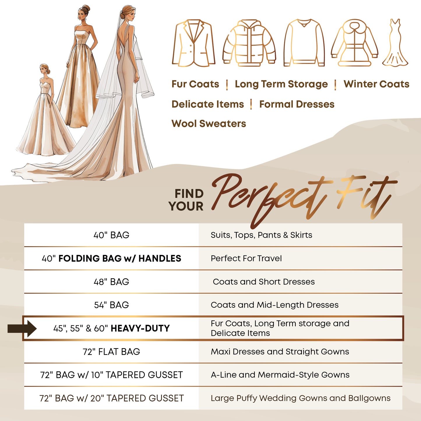 Heavy Duty Travel Garment Bag with Carry Handle for  Clothes & Fur Coats  - 24" x 45/55/60" x 4" gusset