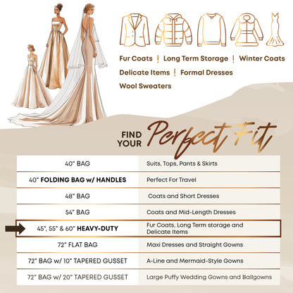 Heavy Duty Travel Garment Bag with Carry Handle for  Clothes & Fur Coats  - 24" x 45/55/60" x 4" gusset